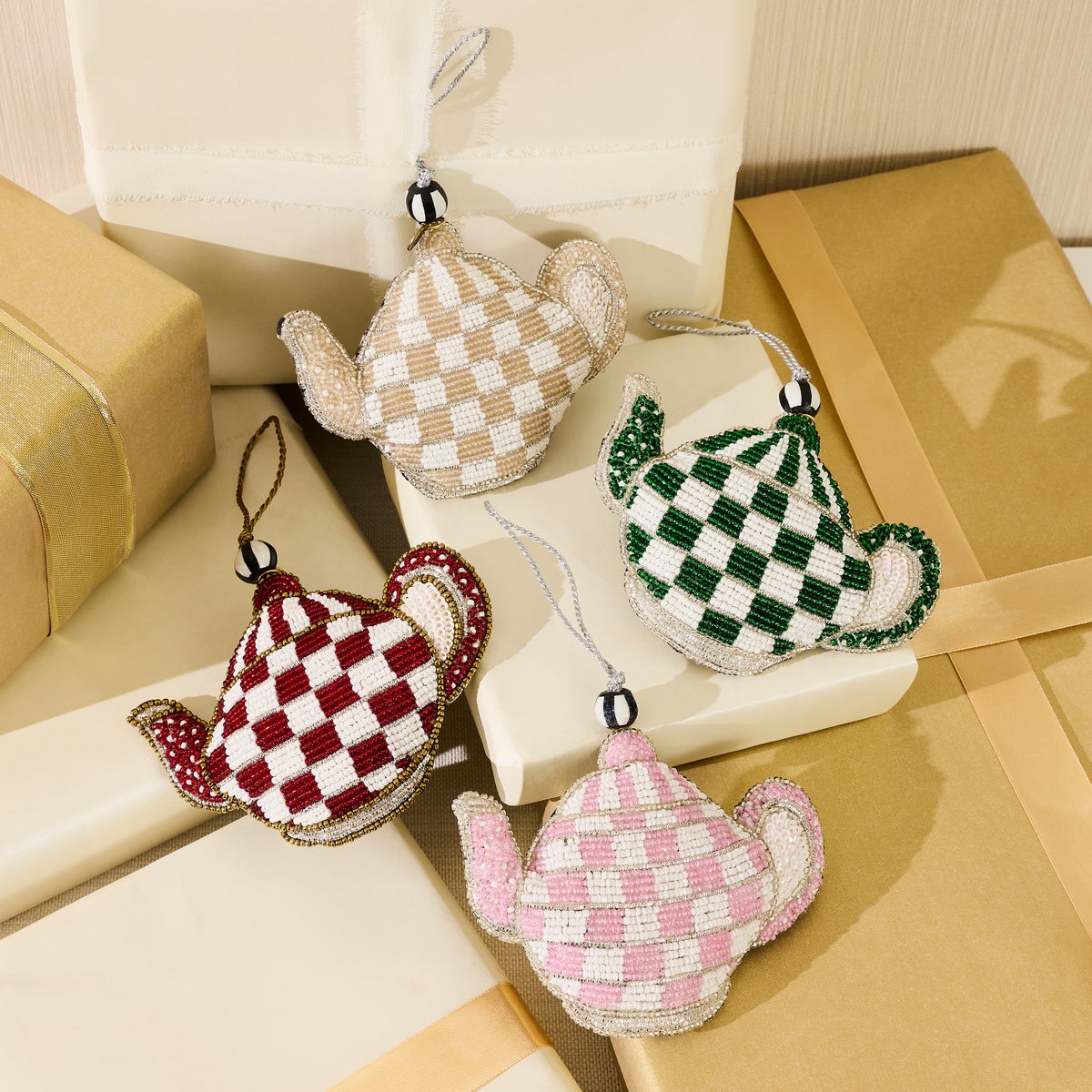 Mocha Check Teapot Beaded Ornament - Image 2