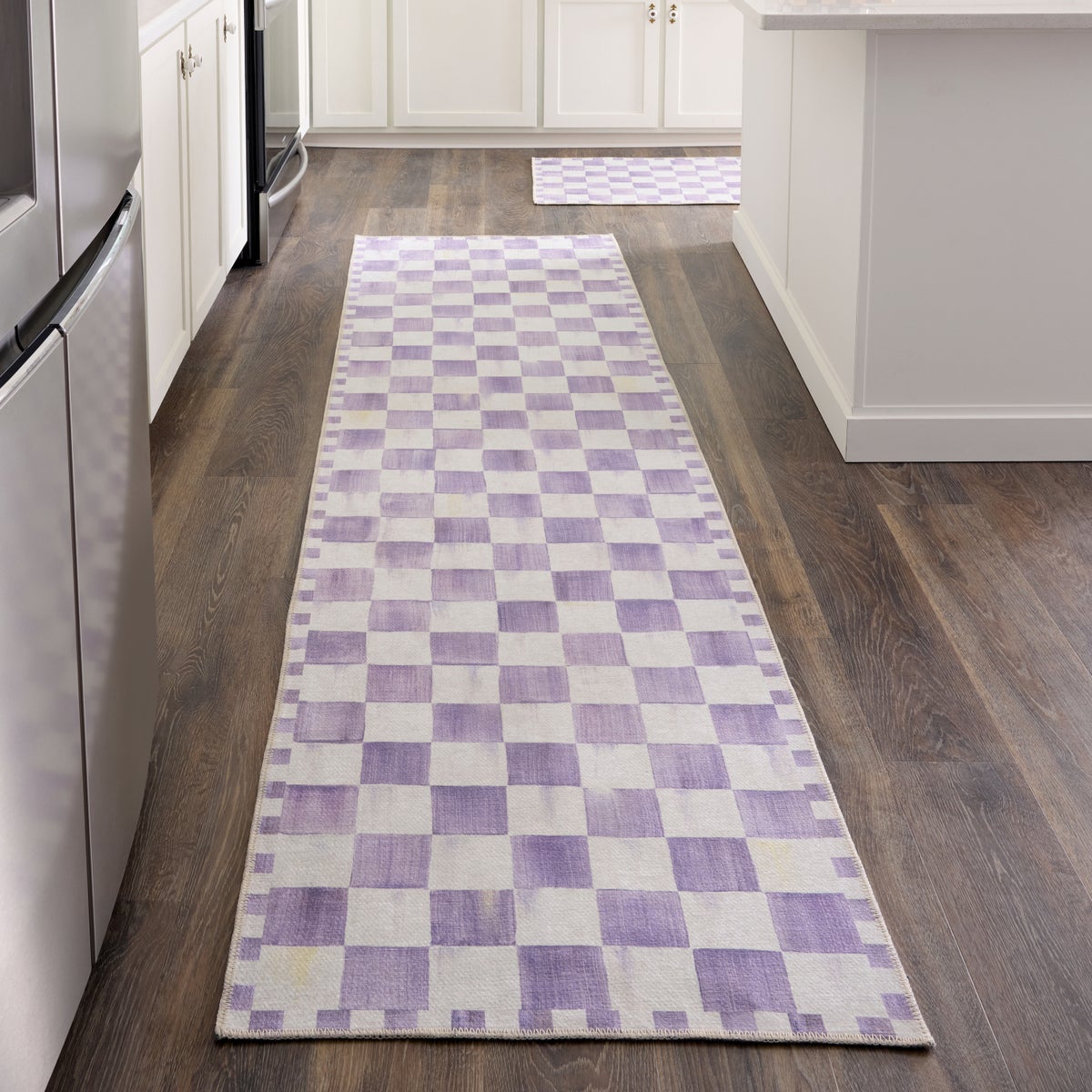Violet Checkered 2'6" x 10' Washable Runner - Image 2