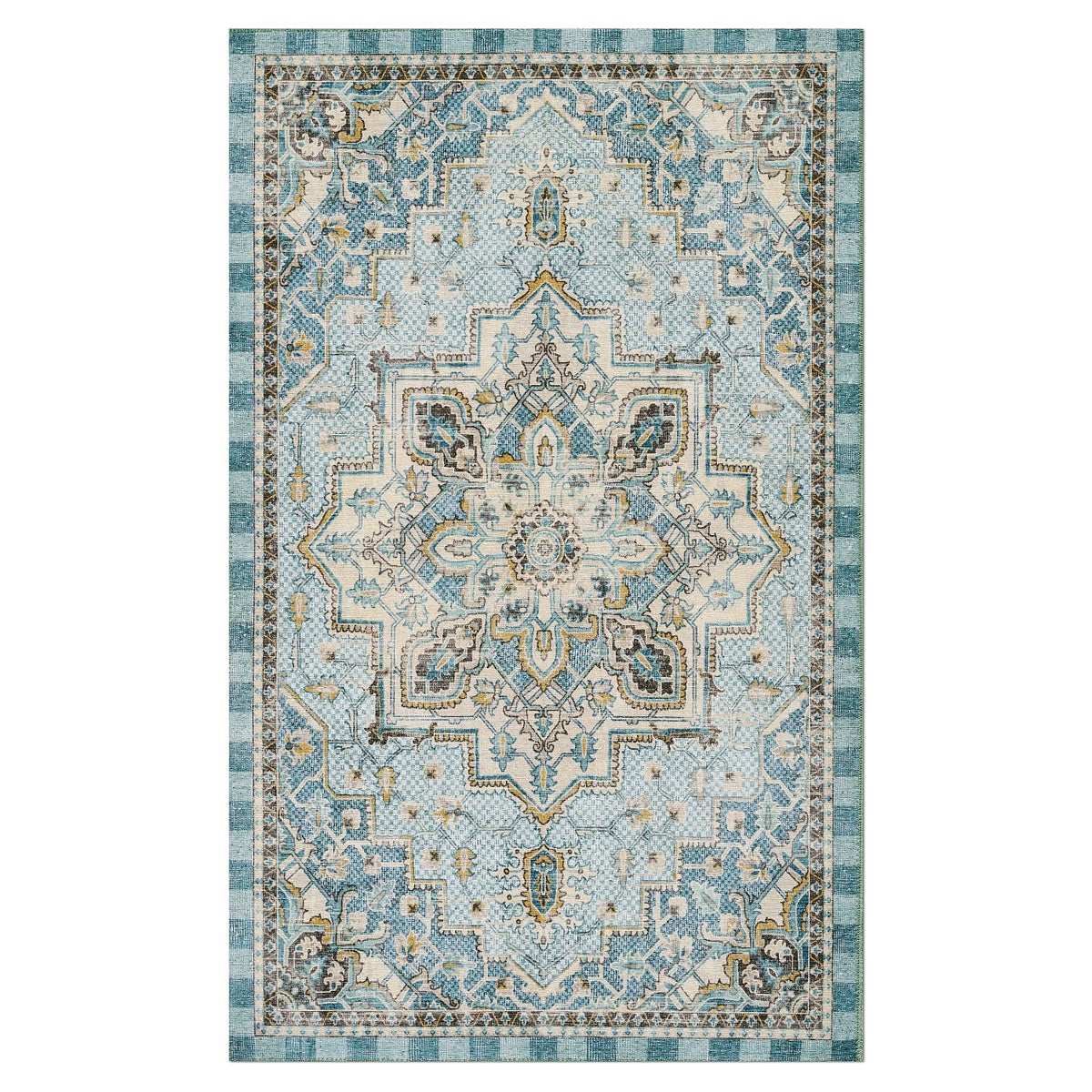 Heriz Checked Aqua 2' x 3' Washable Rug