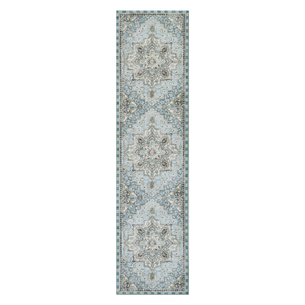 Heriz Checked Aqua 2'6" x 10' Washable Runner
