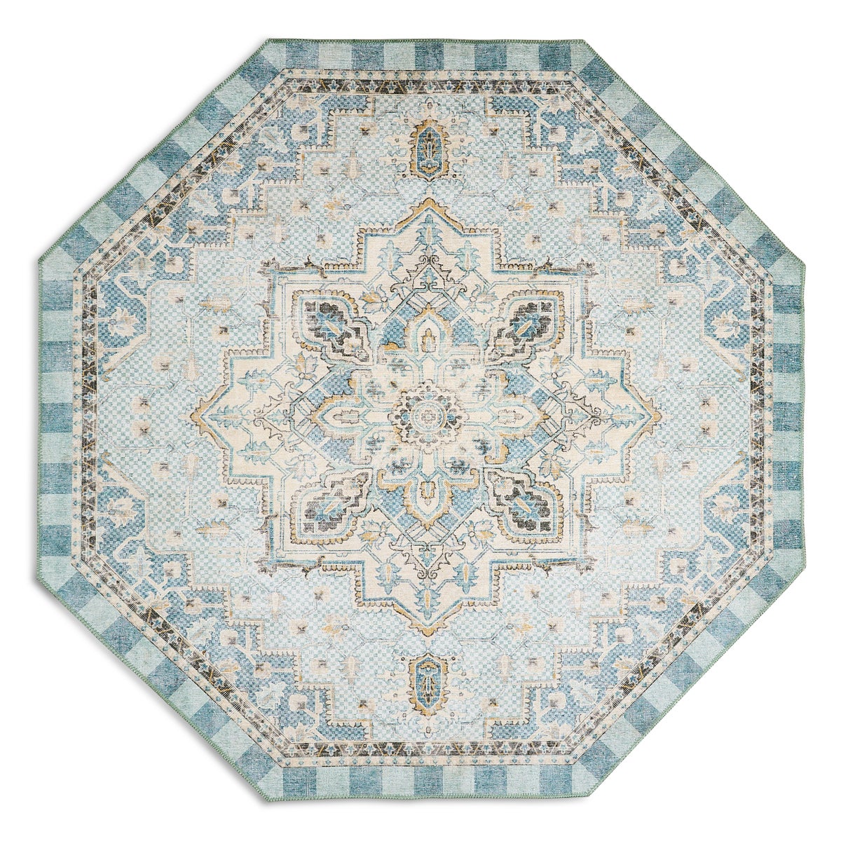 Heriz Checked Aqua 6' Octagon Washable Rug