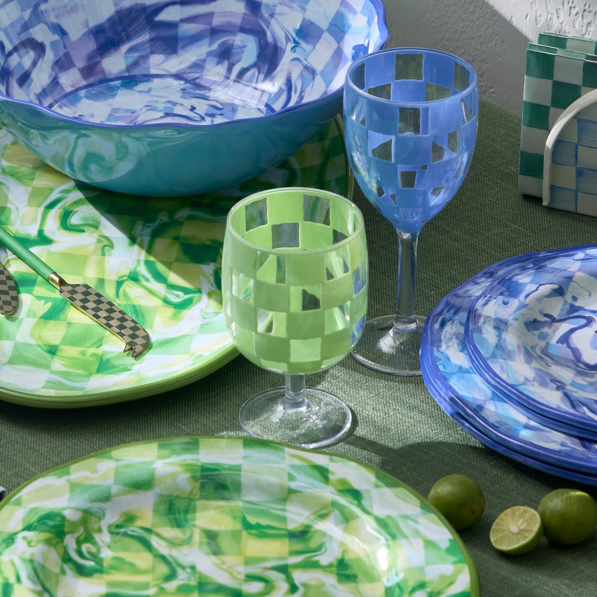 Green Check Acrylic Water Goblets, Set of 4 - Image 7