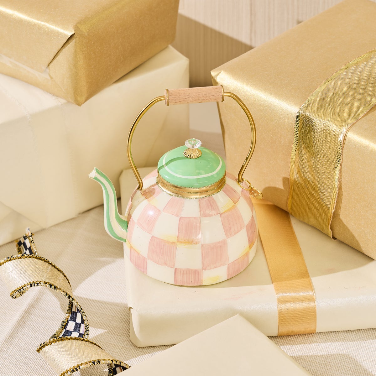 Rosy Check Tea Kettle Glass Ornament - Image 2