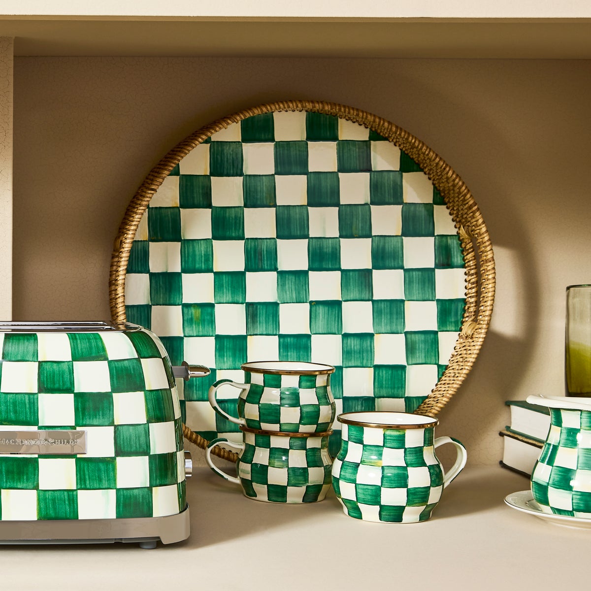 Emerald Check Enamel & Rattan Round Serving Tray - Image 2