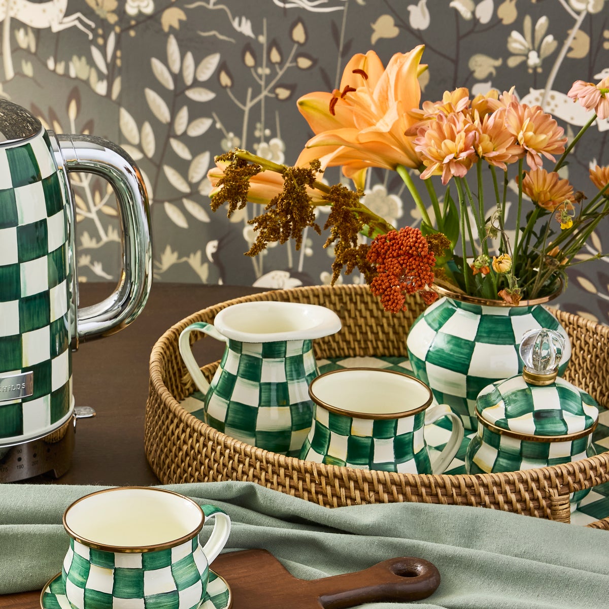 Emerald Check Enamel & Rattan Round Serving Tray - Image 4