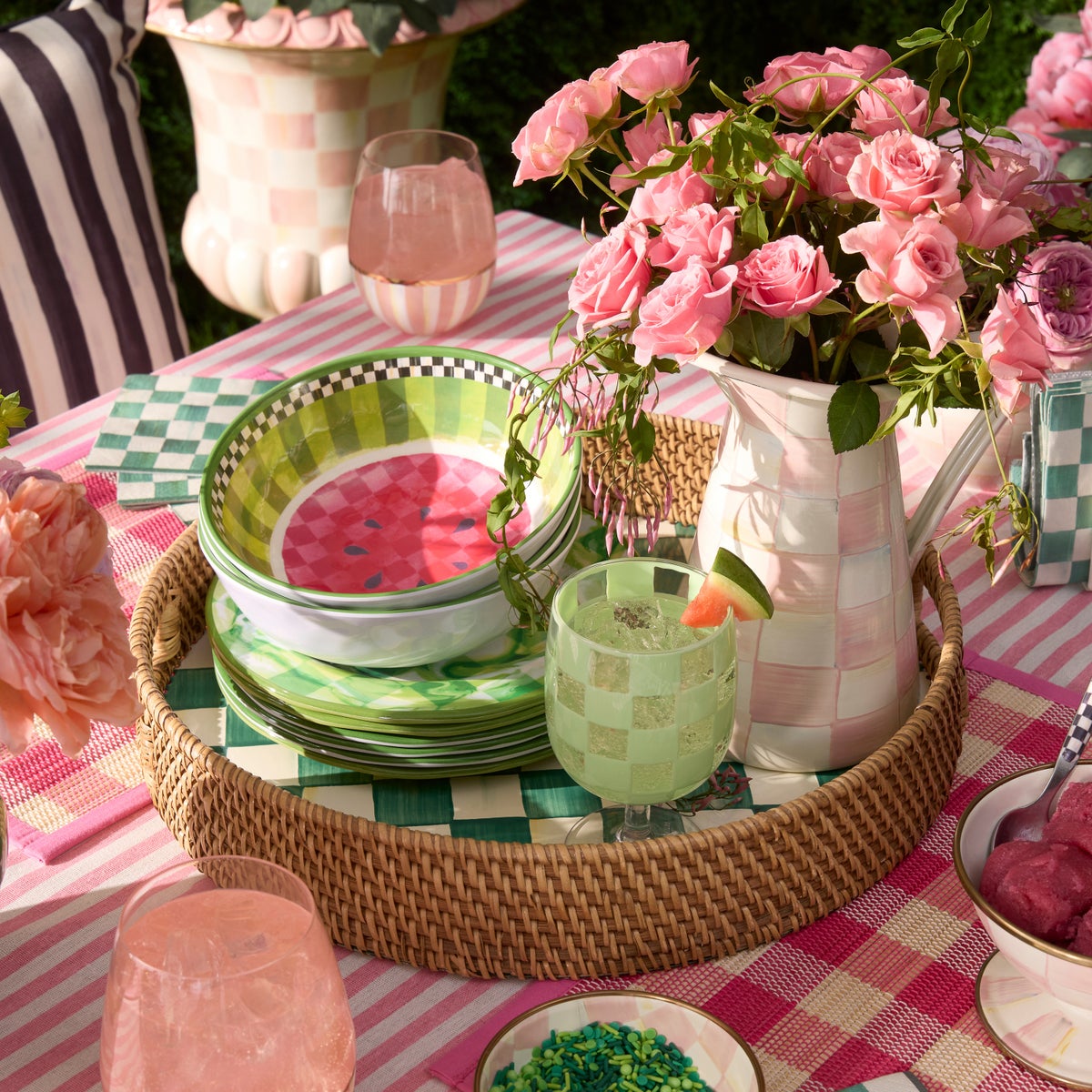 Emerald Check Enamel & Rattan Round Serving Tray - Image 5
