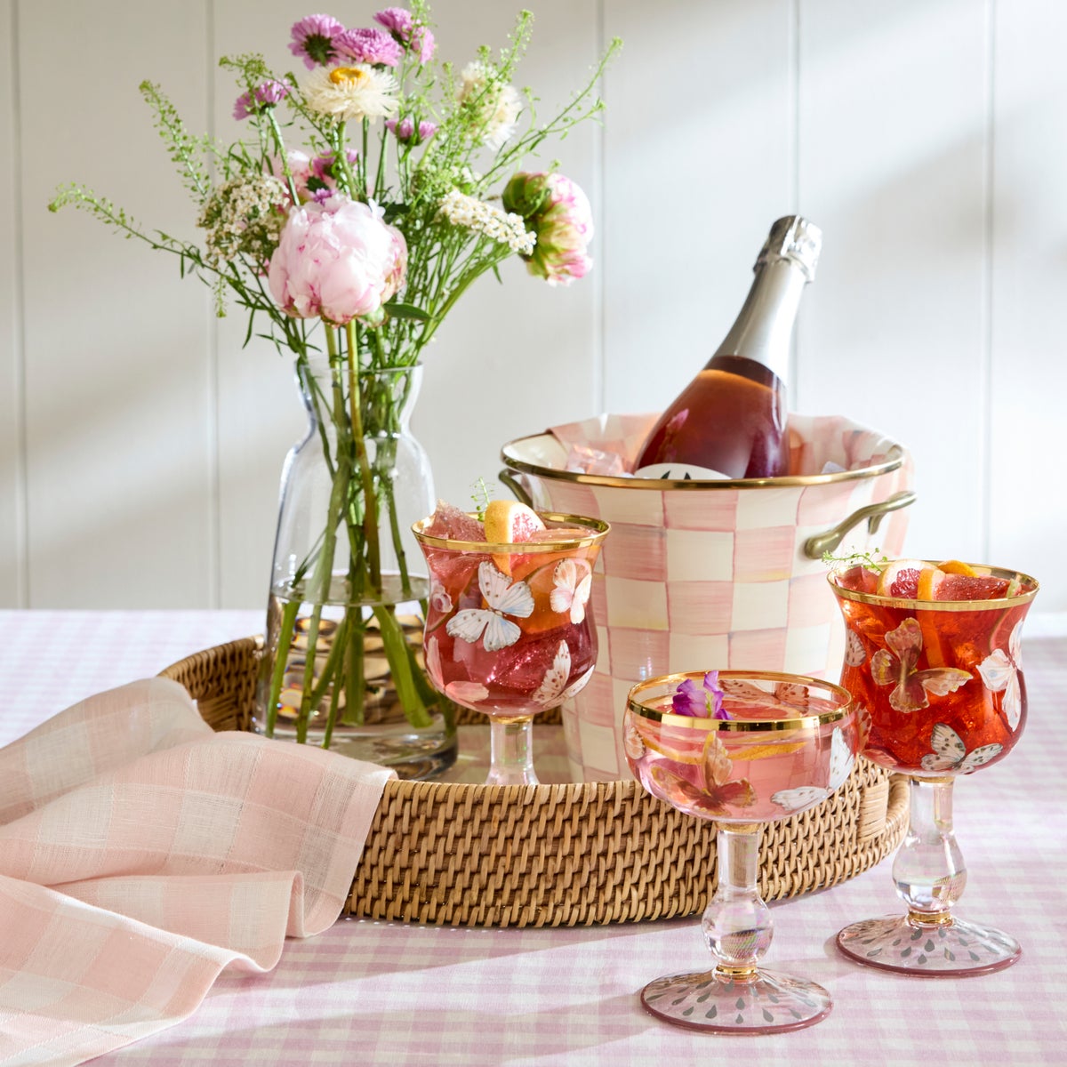 Rosy Check Enamel & Rattan Round Serving Tray - Image 2